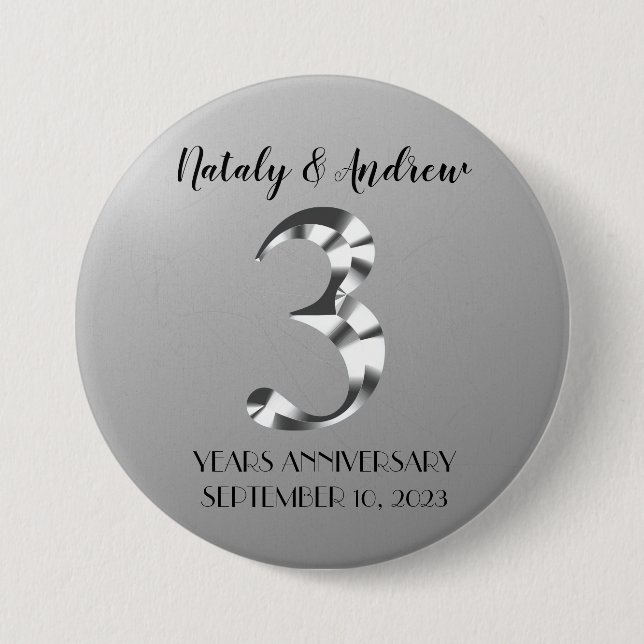 Metallic Silver Third Wedding Anniversary 3 Inch Round Button (Front)