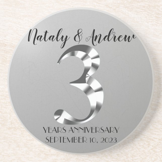 Metallic Silver Third Wedding Anniversary Coaster (Front)