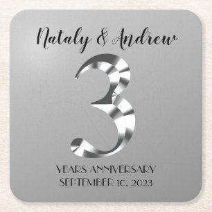 Metallic Silver Third Wedding Anniversary Square Paper Coaster
