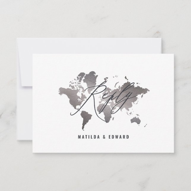 Metallic silver world map wedding R.S.V.P RSVP Card (Front)