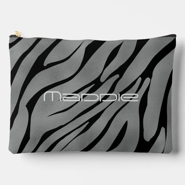 Metallic Silver Zebra Stripes Pattern  Accessory Pouch (Front)