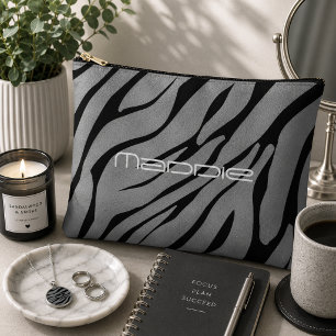Metallic Silver Zebra Stripes Pattern Accessory Pouch