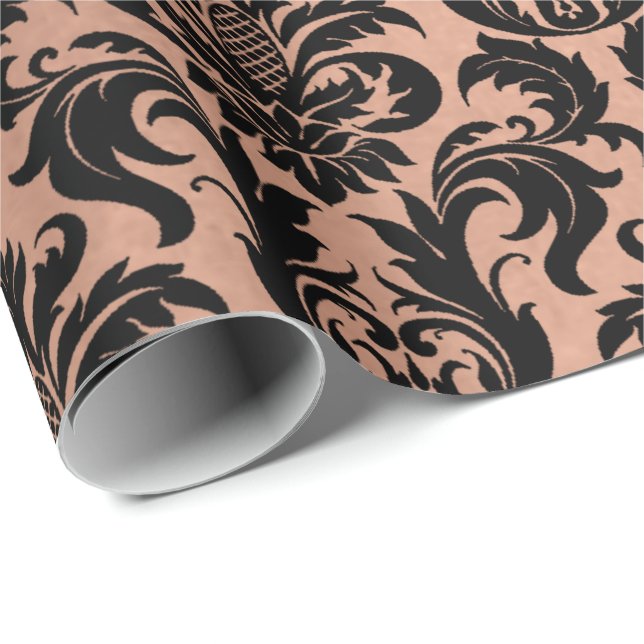 Metallic Skinny Rose Gold Copper Grey Black Damask Wrapping Paper (Roll Corner)