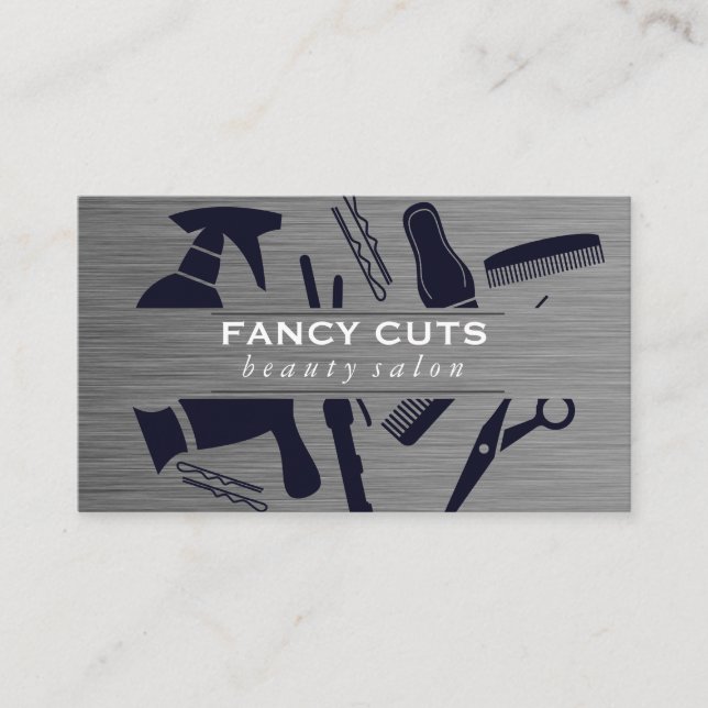 Metallic Steel Brush Salon Tool Pattern Business Card (Front)