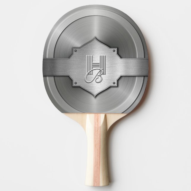 Metallic Steel Engraved trompe l’œil  Monogram  Ping Pong Paddle (Front)