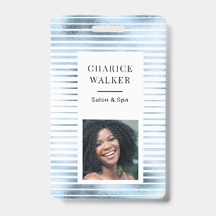 metallic stripes blue foil salon photo name badge