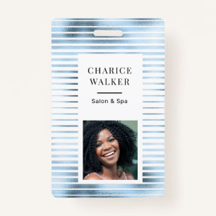metallic stripes blue foil salon photo name badge