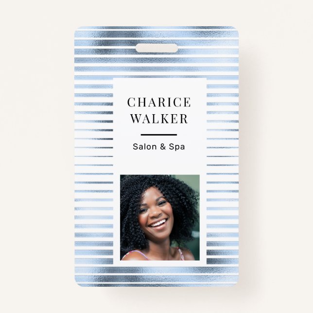 metallic stripes blue foil salon photo name badge (Front)