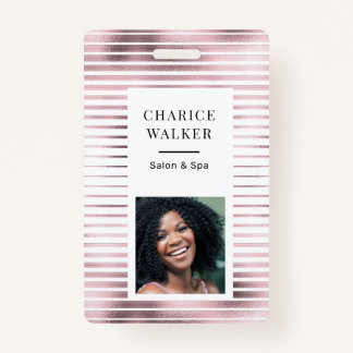 metallic stripes rose gold foil salon photo name badge