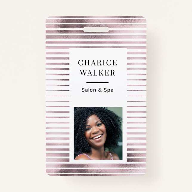 metallic stripes rose gold foil salon photo name badge (Front)