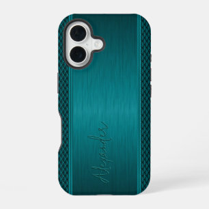 Metallic Teal-Green Brushed Aluminum Look iPhone 16 Case