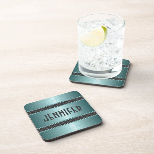 Metallic Teal Green Design Brushed Aluminum Look Coaster (Right Side)