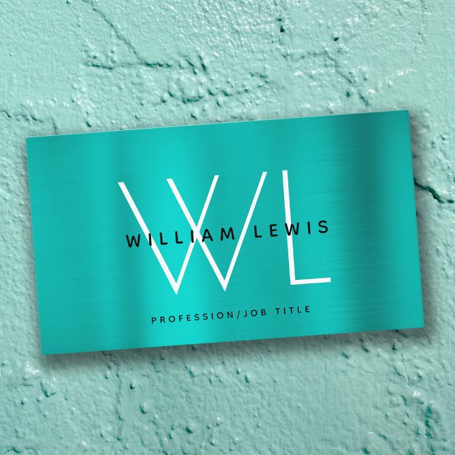 Metallic Teal Turquoise Monogram Modern Minimalist Business Card (Creator Uploaded)