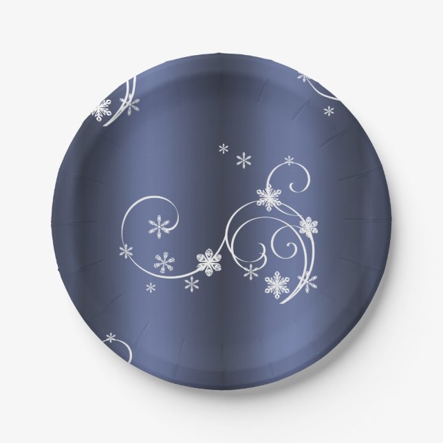 Metallic Teal, White Swirls Christmas Paper Plate (Front)