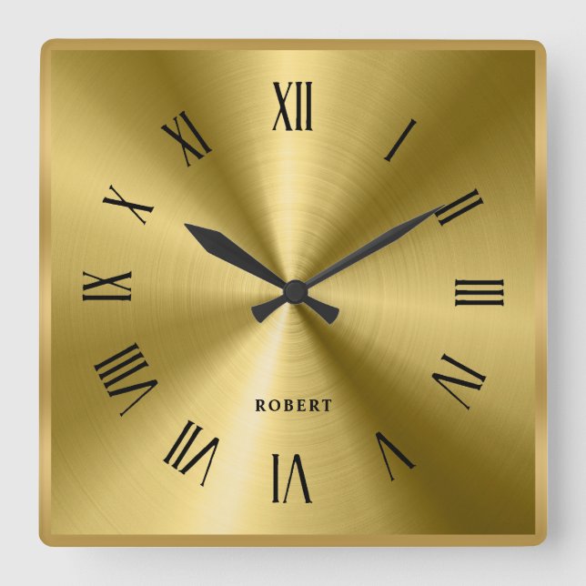 Metallic Texture Gold Border Roman Numerals Square Wall Clock (Front)