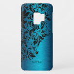 Metallic Turquoise-Blue & Black Lace Design Case-Mate Samsung Galaxy S9 Case<br><div class="desc">Elegant blue-green turquoise metallic background brushed aluminum look black floral lace. Customizable monogram.</div>