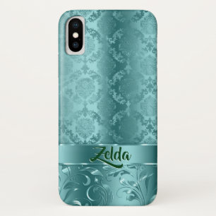 Metallic Turquoise-Blue Floral Damasks Monogram Case-Mate iPhone Case
