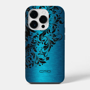 Metallic Turquoise Brushed Aluminum Black Lace 2 C iPhone 14 Pro Case