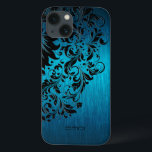 Metallic Turquoise Brushed Aluminum Black Lace 2 iPhone 13 Case<br><div class="desc">Elegant blue-green turquoise metallic background brushed aluminum look black floral lace. Customizable monogram. Several version on this design with different lace position.</div>