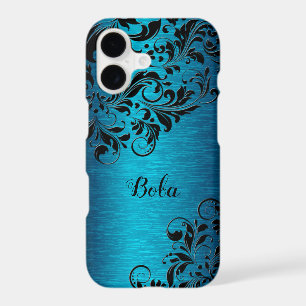 Metallic Turquoise With Black Floral Lace Monogram