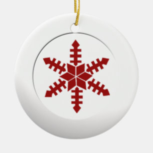 Metallic White Circle and Red Snowflake Ceramic Ornament