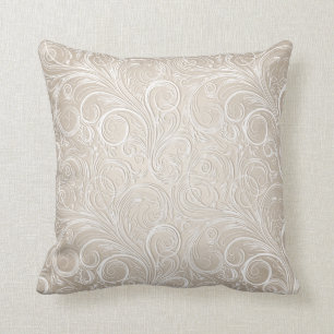 Metallic White Cream Floral Swirls Throw Pillow