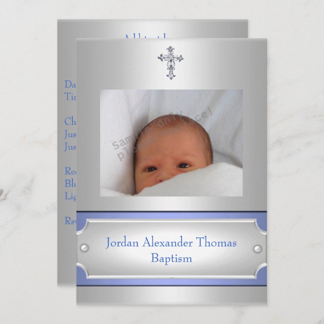 Metallic White Photo Frame Cross Baptism Blue Invitation (Front/Back)