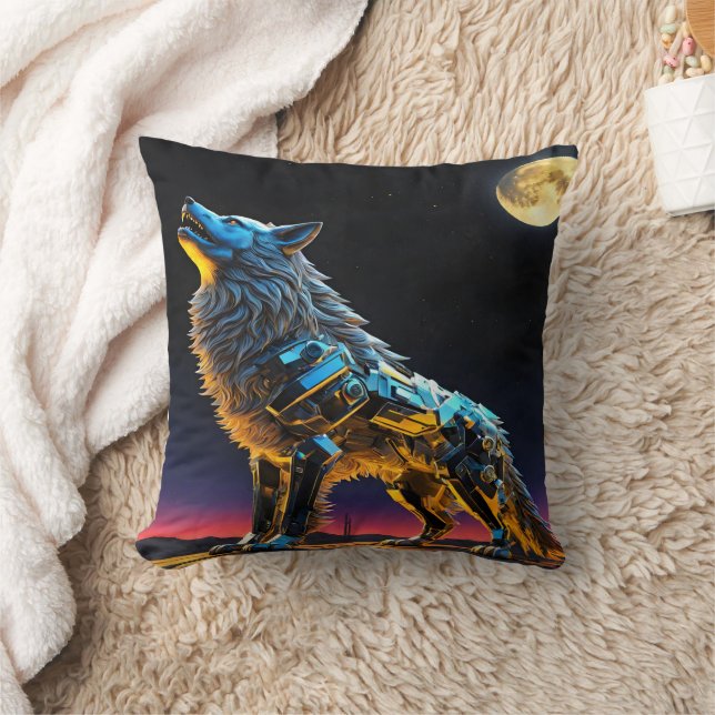 Metallic Wolf Howling Under a Full Moon Throw Pillow (Blanket)