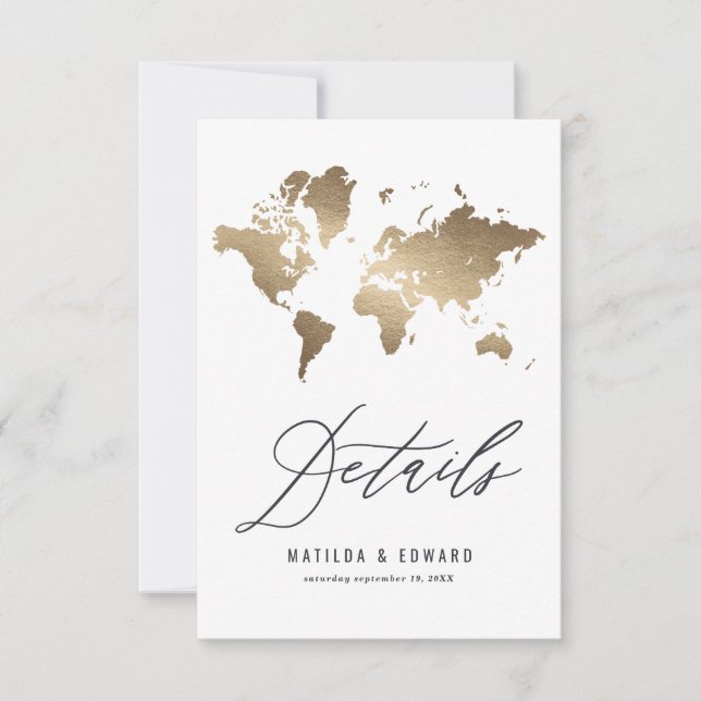 Metallic world map wedding details card (Front)