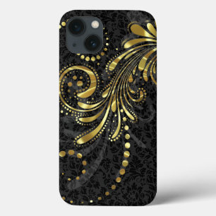 Metallic Yellow Gold Floral Swirl On Black Damasks iPhone 13 Case