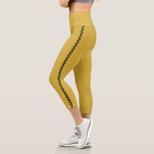 MetallicGold Capri Leggings with Black Side Stripe