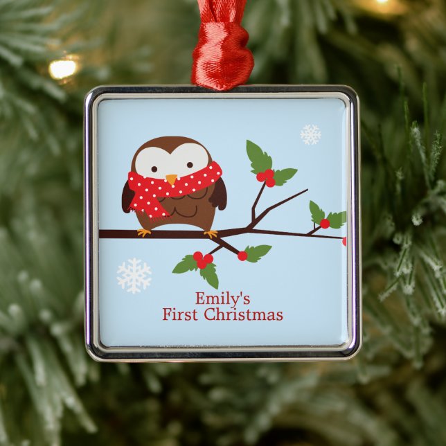 Métallique Chouette de Noël Premier Ornement personnalisé (Arbre)