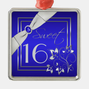 Métallique Ornement floral bleu et argenté de sweet sixteen