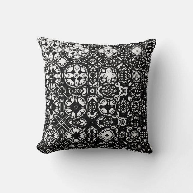 Metamorphosis Medallion Pattern Black and White Throw Pillow (Front)