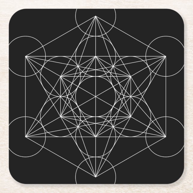 Metatron's Cube Black & White Square Paper Coaster (Front)