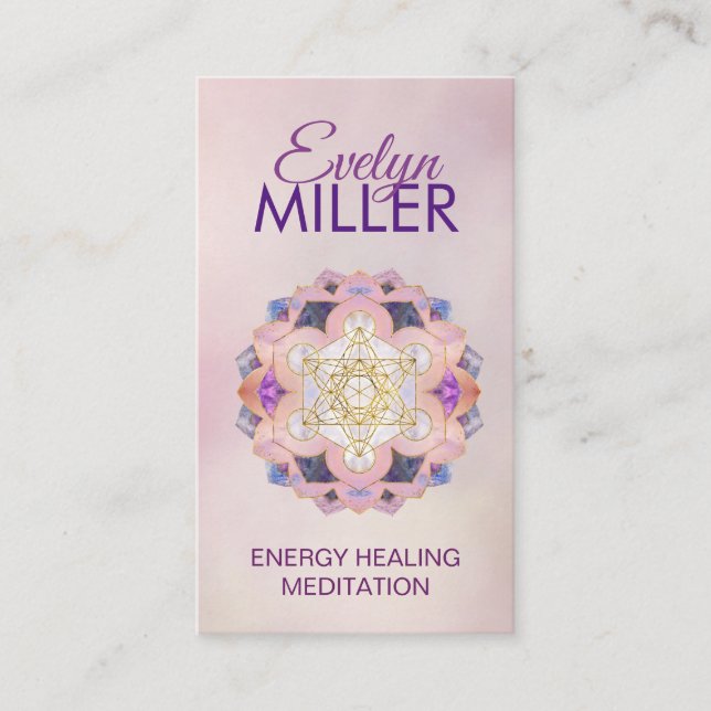 Metatron's Cube in Gemstone lotus Sacred Geometry  Business Card (Front)