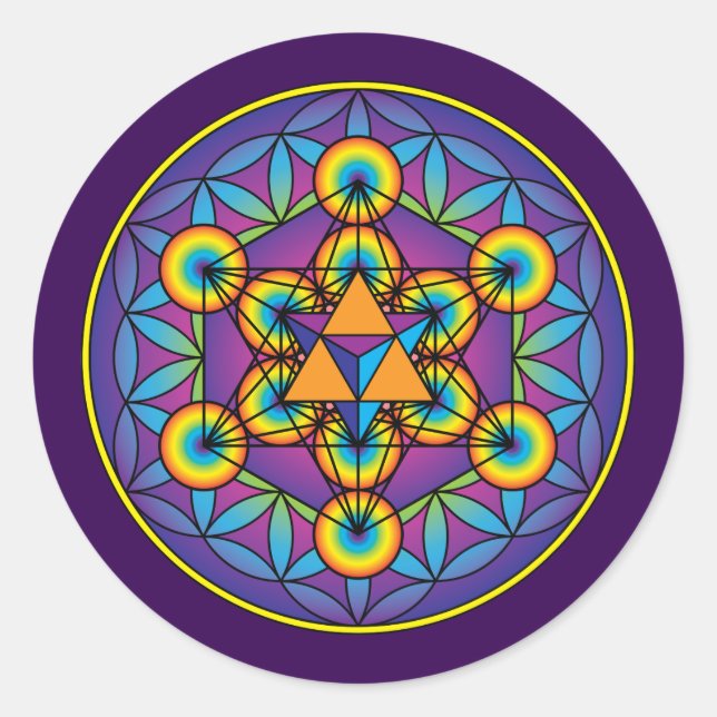 Metatron's Cube Merkaba on Flower of Life Classic Round Sticker (Front)