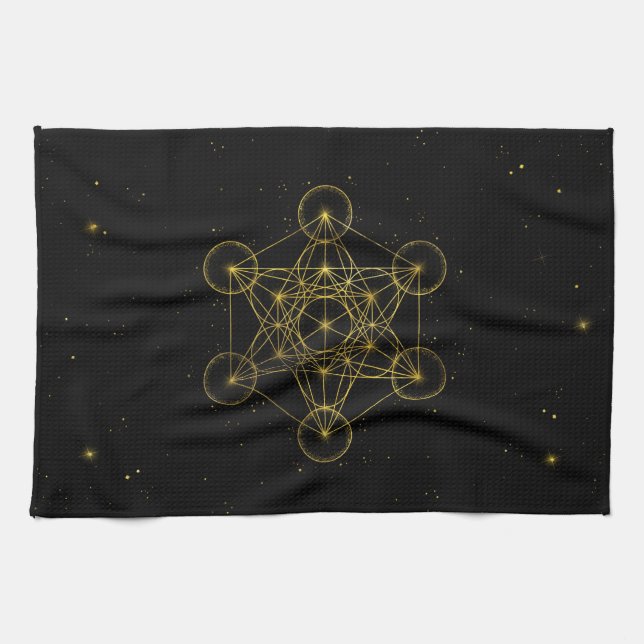 Metatron's Cube Sacred Geometry Black and gold Kitchen Towel (Horizontal)