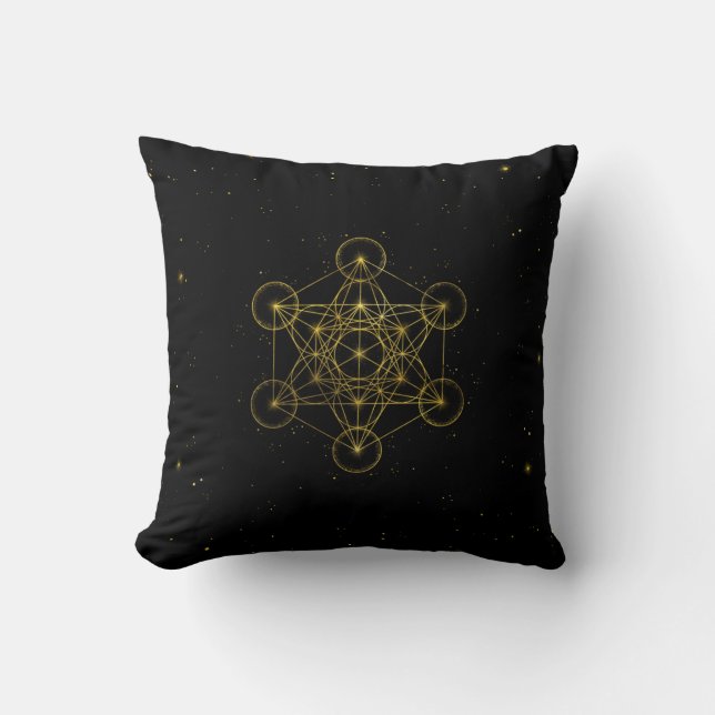 Metatron's Cube Sacred Geometry Black and gold Throw Pillow (Front)