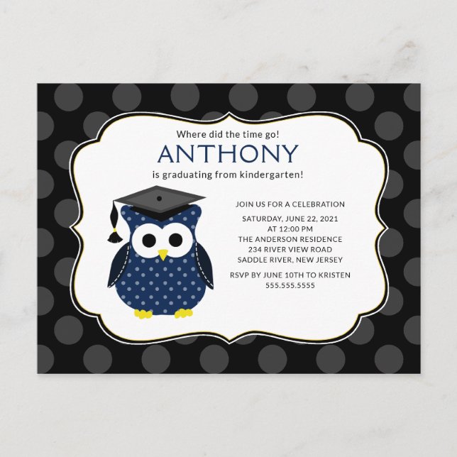 Mete Pois Grad Owl Boy Graduation Invitation (Devant)