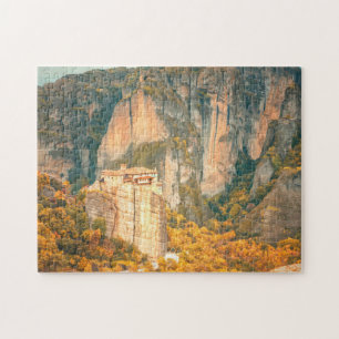 Meteora Greece in Fall Orange Leaves Cliffs Jigsaw Puzzle