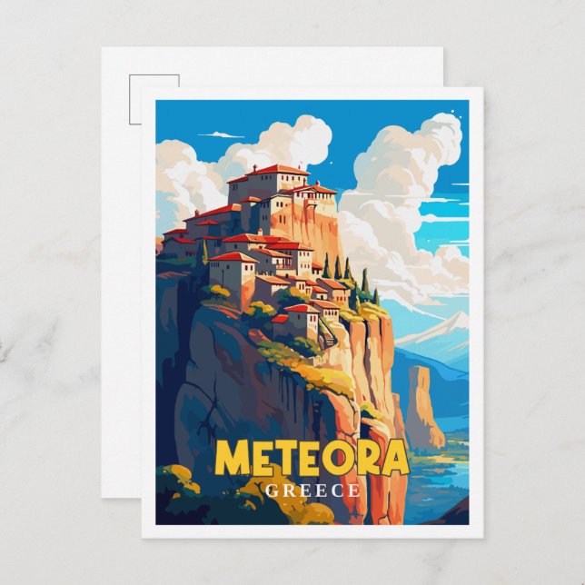 Meteora Greece vintage travel illustration Postcard (Front/Back)