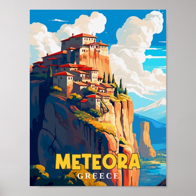 Meteora Greece vintage travel illustration Poster (Front)