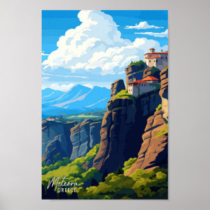 Meteora Greece vintage travel illustration Poster