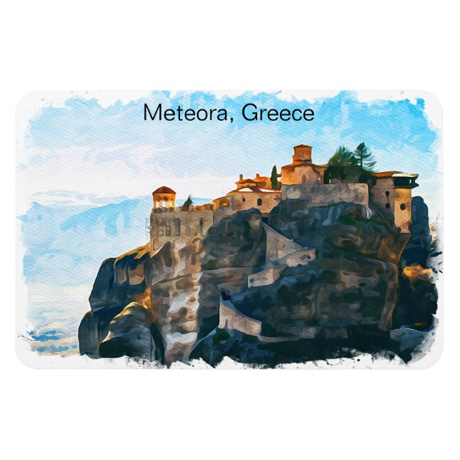 Meteora Greece Watercolor Travel Magnet (Horizontal)