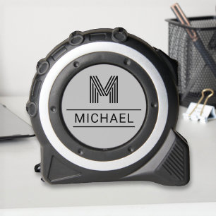 Mètre Ruban Monogramme noir moderne Nom initial en gris