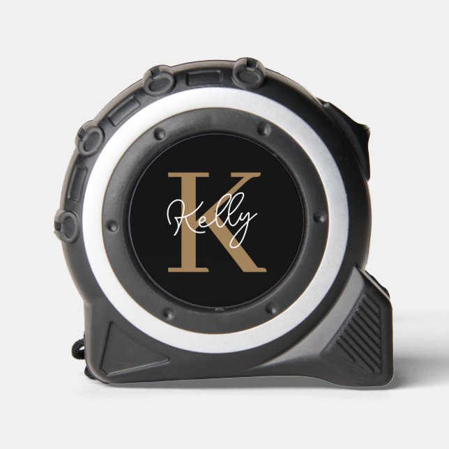 Mètre Ruban Script de monogramme d'or noir moderne (Recto)