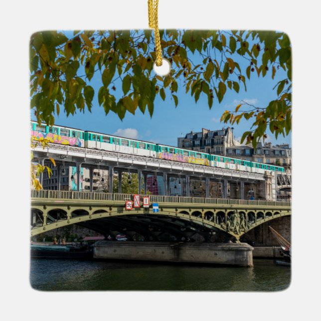 Metro on Bir-Hakeim  bridge- Paris, France Ceramic Ornament (Front)