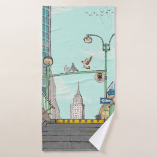 Metro Stop Manhattan NYC Whimsical Illustration Bath Towel