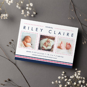 Metro Stripe Birth Announcement Pink and Navy